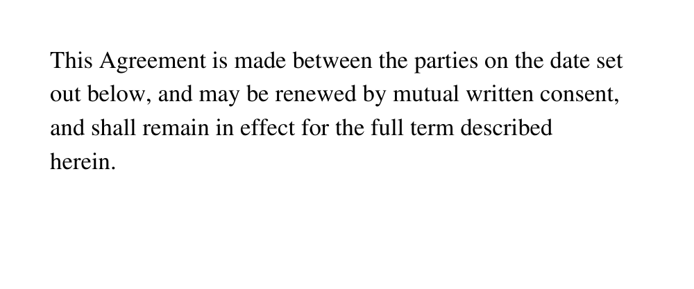 A contract paragraph being edited in vexdoc; the added clause has re-wrapped cleanly across the lines, keeping the original font and spacing.